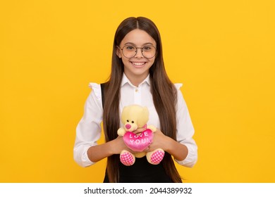 Happy Valentines Day. School Girl Smile Holding Teddy Bear. Love You. Valentines Day. February 14. School Education