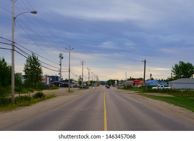 HAPPY VALLEY-GOOSE BAY, NEWFOUNDLAND AND LABRADOR, CANADA - JULY 26, 2019: Hamilton River Road In Happy Valley-Goose Bay, Province Of Newfoundland And Labrador. Street Scenery In Summer, During Sunset