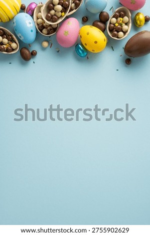 Happy vertical Easter greeting featuring pastel decorated eggs, cracked chocolate egg halves filled with candy, colorful sprinkles and foil eggs arranged on soft blue background for spring celebration