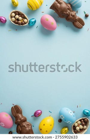 Happy vertical Easter greeting featuring pastel decorated eggs, cracked chocolate egg halves filled with candy, colorful sprinkles and foil eggs arranged on soft blue background for spring celebration