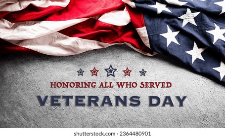 Happy Veterans day concept made from American flag and the text on dark stone background.