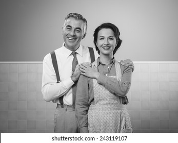 Happy Vintage Couple At Home Posing And Smiling At Camera