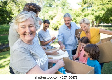 Feliz familia de voluntarios separando donaciones en un día soleado