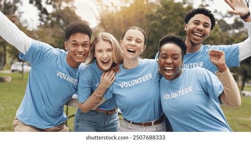 Happy, volunteer and portrait of people in park for charity event, community service and teamwork. Volunteering, happy and men and women with smile for donation, ngo business and outreach outdoors