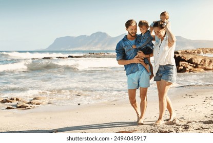 Happy, walking and family or child on beach for adventure, travel and man or vacation by sea. Holiday, dad and kid with mom or baby for learning, wellness or development and support or care in nature