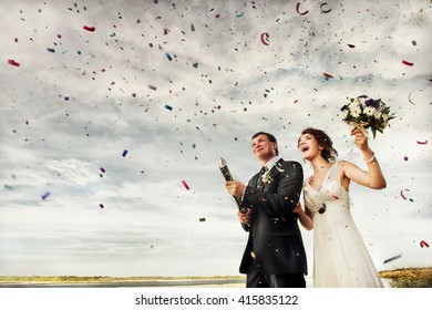 Happy Wedding Couple Launches Confetti Fireworks