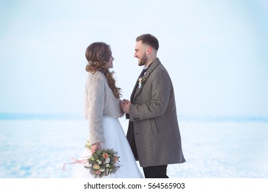 Happy Wedding Couple Outdoors On Winter Day