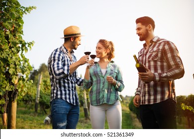 Happy Wine Growers Tasting Wine In Vineyard