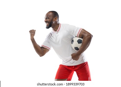 Happy Winner. Funny Emotions Of Professional Football, Soccer Player Isolated On White Studio Background. Excitement In Game, Human Emotions, Facial Expression And Passion With Sport Concept.