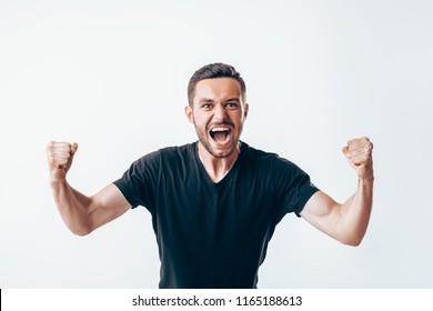 Happy Winner Man With Fists Up Celebrating Success