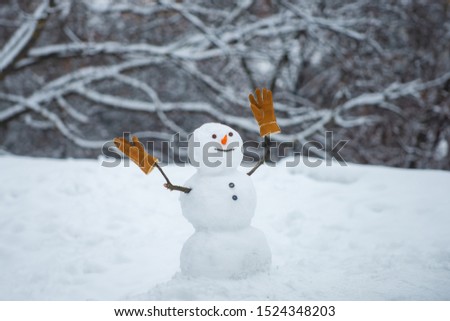 Happy winter time. Snowman the friend is standing in winter hat and scarf with red nose. Happy funny snowman in the snow. Making snowman and winter fun