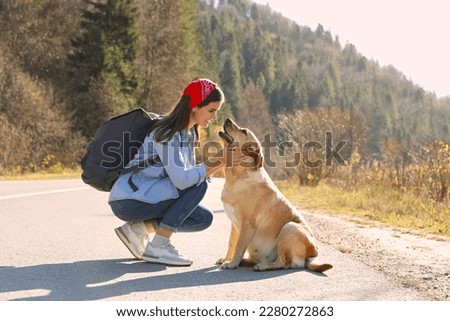 Happy woman and adorable dog on road. Traveling with pet