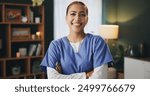 Happy, woman and arms crossed as caregiver at nursing home with confidence on healthcare service. Employee, portrait and nurse with smile or pride for job opportunity and career growth for support