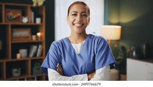 Happy, woman and arms crossed as caregiver at nursing home with confidence on healthcare service. Employee, portrait and nurse with smile or pride for job opportunity and career growth for support - Powered by Shutterstock