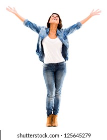 Happy Woman With Arms Up - Isolated Over A White Background