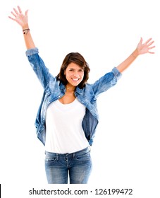 Happy Woman With Arms Up - Isolated Over A White Background