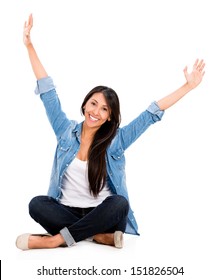 Happy Woman With Arms Up - Isolated Over A White Background