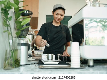 Happy Woman Barista Cafe Coffee Uniform Apron Make Coffee 