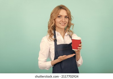 Happy Woman Barista In Cook Apron Drink Takeaway Coffee, Barista