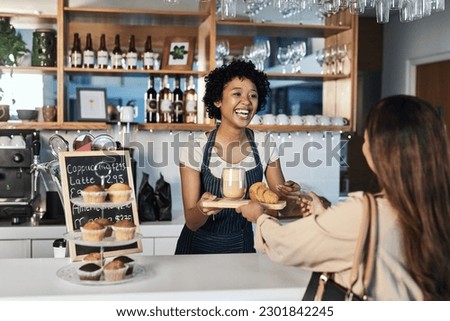 Happy woman, barista and serving customer at cafe for service, payment or order on counter at coffee shop. African person, waitress or employee in small business restaurant helping client at checkout