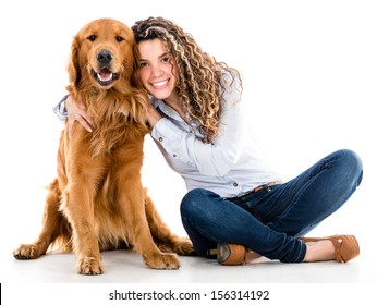 Happy Woman With A Beautiful Dog - Isolated Over White Background 