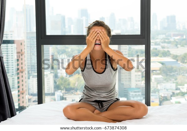 Happy Woman Bedroom Big Windows Beautiful Stock Photo Edit