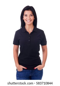 Happy Woman In Black Polo Shirt On A White Background