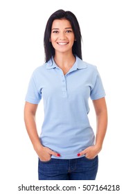 Happy Woman In Blue Polo Shirt On A White Background