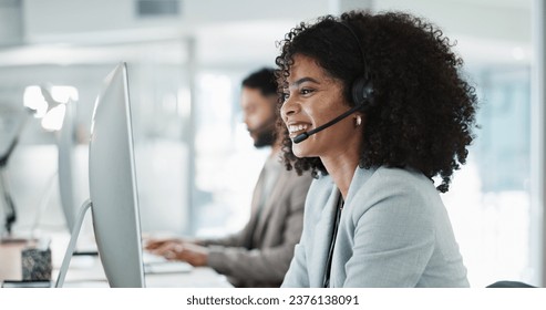 Happy woman, call center and customer service in telemarketing, support or communication at office. Friendly female person, consultant or agent smile in online advice, help or contact us at workplace - Powered by Shutterstock