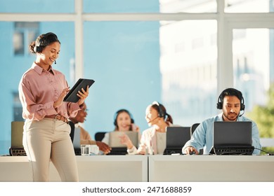 Happy woman, call center or manager with tablet in customer service or telemarketing. Contact us, leadership or sales consultant agent with headphones, smile or technology for online tech support