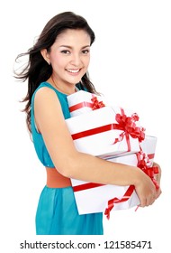 Happy Woman Carrying Gift Box Isolated Over White Background