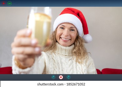 Happy Woman Celebrating Christmas Holiday Online By Video Chat In Quarantine. Lockdown Stay Home Concept. Xmas Party During Pandemic Coronavirus COVID 19