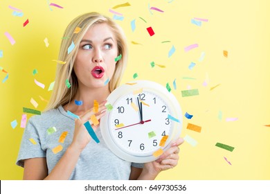 Happy Woman Celebrating With Confetti Party Theme