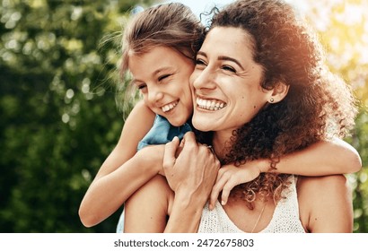 Happy, woman and child hug outdoor with bonding, care or support for security trust at family home backyard. Smile, mother and girl for embrace moment, love and sunshine vacation of childhood memory - Powered by Shutterstock