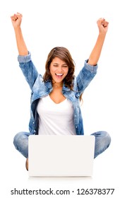 Happy Woman With A Computer - Isolated Over A White Background