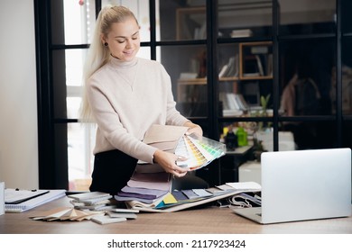 Happy Woman Creative Interior Designer Working At Office Workplace With Laptop.Online Consultation With Client Through Video Call.