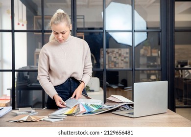 Happy Woman Creative Interior Designer Working At Office Workplace With Laptop.Online Consultation With Client Through Video Call.