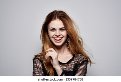  Happy woman in dark clothes mesh smile                              