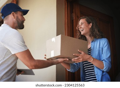 Happy woman, delivery man and package box at door for order, parcel or cargo of customer in transport service. Female person receiving shipment from male courier, supply chain or deliver at the house