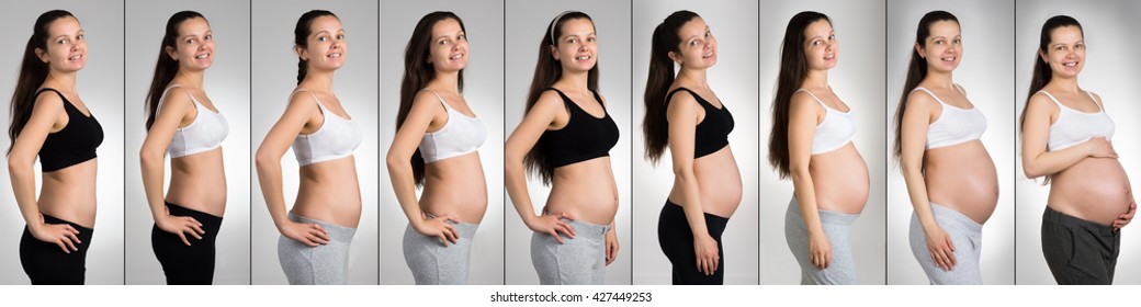 Happy Woman With Different Stages Of Pregnancy Over Gray Background