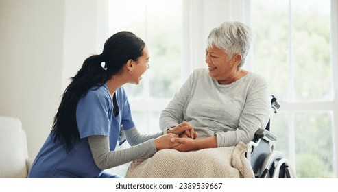 Happy woman, doctor and holding hands with senior patient in wheelchair, support or trust for healthcare at home. Medical nurse, caregiver or person with a disability smile for care or help at house - Powered by Shutterstock