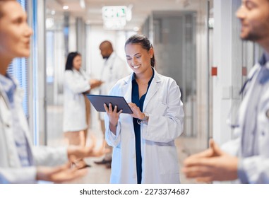 Happy woman doctor on tablet for employees management, hospital workflow and clinic staff solution on software or app. Healthcare manager on digital tech for medical team research or problem solving