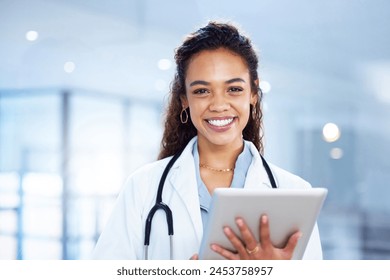 Happy, woman and doctor with tablet in portrait for research, information and results as specialist in hospital. Female person, technology and surgeon for diagnosis or treatment with Telehealth - Powered by Shutterstock