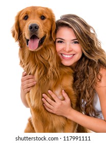 Happy Woman With A Dog - Isolated Over A White Background