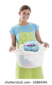 Happy Woman Doing The Laundry, White Background