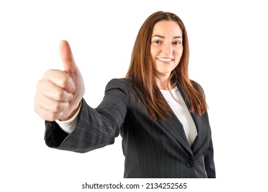 Happy Woman Doing Thumb Up. Isolated On White Background. Business Woman 40-45 Years Old.