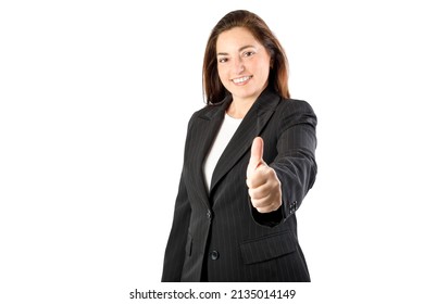 Happy Woman Doing Thumb Up, Smiling Looking At Camera. Isolated On White Background. 40-45 Years Old Caucasian Business Woman .