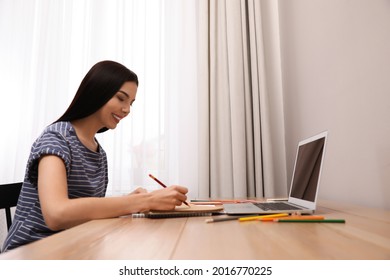 Happy Woman Drawing Picture At Online Art Lesson Indoors. Distant Learning