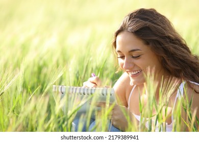 Happy Woman Drawing Or Taking Notes On Notebook In A Wheat Field