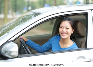 Happy Woman Driver Sit In Car 